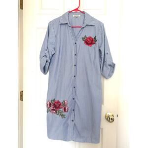 Vintage Shirt Dress Speed Control Y2K Striped Embroidered Roses Tunic Size XL